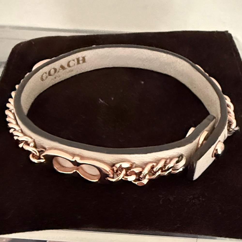 COACH Beige Leather Wrap Bracelet with Rose Gold Bow Accent